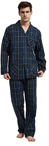 GLOBAL Ensembles de Pyjama Homme Long Vetements De Nuit 100% Coton Pantalon Manche Longue Boutonné Pjs Motif à Carreaux Bleu Norvégien L