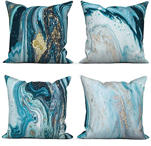 ASDCXZ 4er Set Marmor Kissenbezug 40x40 cm, Modern Leichter Luxus Gold Blau Sternenhimmel Textur Sofa Dekokissen Kissenbezüge Kissenhülle Waschbar Polyester Flachs Textil Polster Kopfkissenbezug