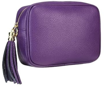 Miss B - Borsa Donna a Tracolla in Pelle Made in Italy, Borsetta piccola con frange e chiusura a cerniera, pochette con tracolla da donna & ragazza, tanti colori disponibili (viola)