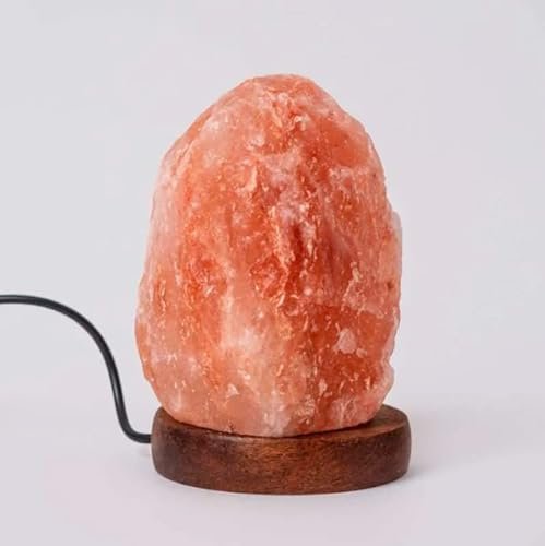 Decolores - Lampe en Pierre de Sel de l'Himalaya - Naturelle - Petite - Réduit le Stress - Sculptée à la Main - Ampoule Basse Consommation - avec Socle en Bois