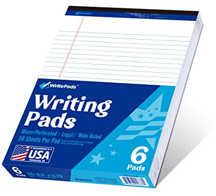 WritePads Legal Pad 8,5x11 Notizblock, breit liniert, Schreibblock, weißes Papier, 6er-Pack, 50 Blatt pro Block, mikroperforierter Notizblock, Bürobedarf (KSU-8331) - Made in USA