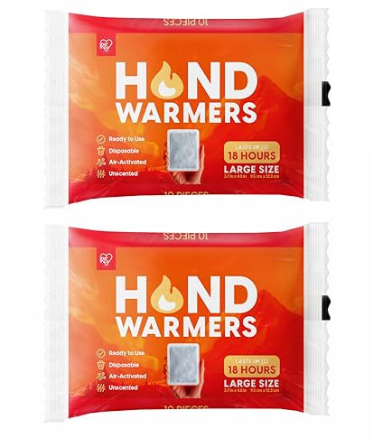 IRIS USA Hand Warmers – Large, 20 Individual Warmers, Up to 18 Hours Long-Lasting for Warm Hot Hands, On The Go, TSA-Approved, Disposable, Lasts 4 Years, Handwarmers Hands Feet, Winter Essentials