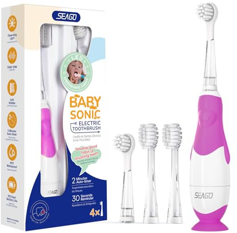 Seago Elektrische Zahnbürste Kinder Baby Zahnbürste ab 0 1 2 3 Jahr, mit LED Licht, Runder Weich Ersatzbürsten, Elektrische Zahnbürste Baby,2 Minuten Smart Timer, Wasserdicht IPX7,SG513(Lila Rosa)