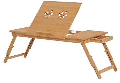 HOMCOM Tavolino da Colazione a Letto, Tavolino da Letto per PC Pieghevole, Supporto per PC da Camera, Regolabile, Inclinabile, Cassetto, Gambe Pieghevoli, 72x35x22-30, Colore Legno