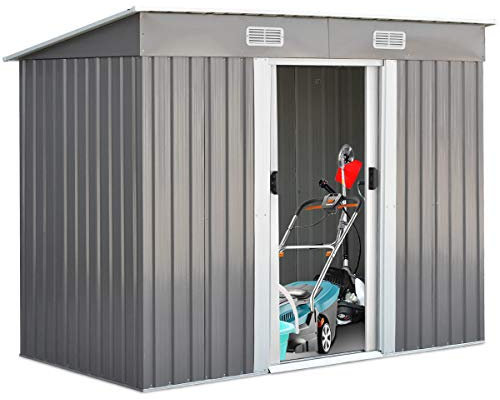 COSTWAY Cobertizo de Metal de Jardín Exterior con 2 Puertas 238 x 131 x 181, Caja de Almacenamiento Caseta de Herramienta