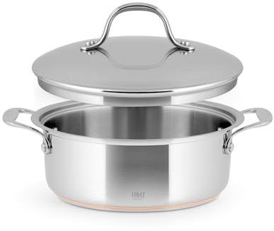H&H Casseruola Bassa in Acciaio Inox e Rame, 2 Manici, 26cm, Con Coperchio