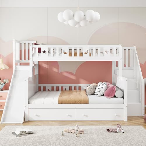 Idemon Cama infantil 90 x 200/140 x 200 cm, litera de madera maciza con tobogán y estante con niveles de seguridad, dos cajones grandes y somier, color blanco, LDB00112
