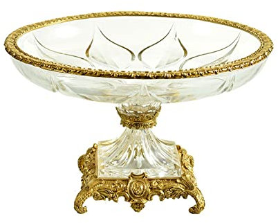 Cesta de Frutas Frutero de cristal de estilo chino, redondo, Retro, con bordes de cobre, plato de frutas artesanal, decoración for el hogar, sala de estar, plato de fruta transparente for dulces Tazón