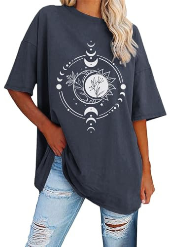 DRALOFAO Damenshirt Halbarm Baggy Lang Pullover Baumwolle Mode Tunika Kleidung Oversized Tshirt Trikot