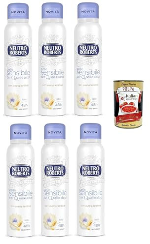Neutro Roberts Deodorante Spray Avena, Deospray für Empfindliche Haut mit Hafer und Lotus Blume, Wirksam 48 Stunden Ohne Salze und Alkohol - 6x 150ml + Italian Gourmet polpa 400g