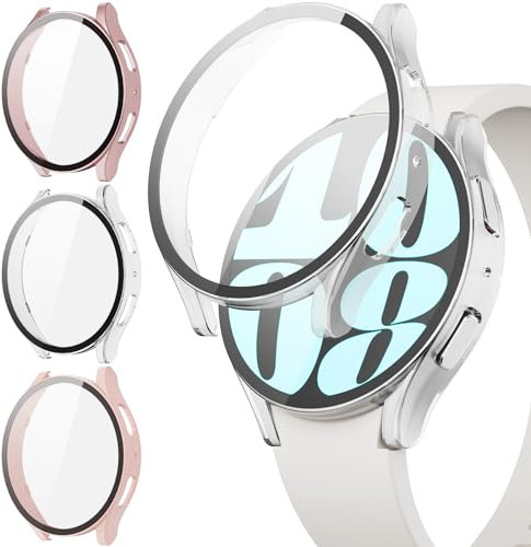 JYQ 3-Stück Schutzhülle mit Displayschutzfolie Kompatibel mit Samsung Galaxy Watch 4/5 40mm, Rundum Ultradünne Hard Gehäuse Eingebaut Kratzfest Gehärtetes Glas Schutzfolie für Samsung Watch 5/4 40mm
