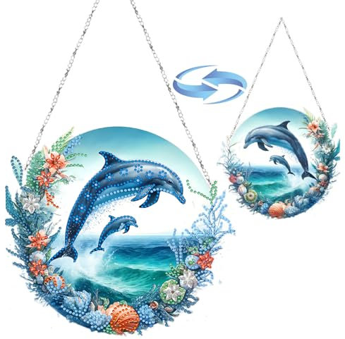 CXINLky DIY Diamond Art Painting Anhänger mit Kette, Tier Diamant Painting Fensterbilder, Kreatives 5D Diamond Malerei Wandbehang Kits für Fenster Wand Garten Decor-05-Delfin