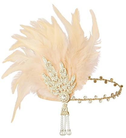 XDGBGFN Damen 1920s Stirnband Blatt-Strass mit Feder Haarband Kostüm Accessoires 20er Jahre Stil Flapper Damen Fasching Party Zubehör Kostüm Accessoires (Champagner)