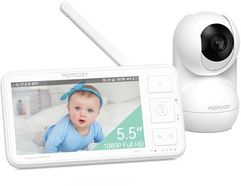 Momcozy Video-Babyphone, 5,5 Zoll 1080P Full HD Babyphone mit Kamera ohne WLAN, Infrarot-Nachtsicht 5800 mAh 120-Stunden-Akku, ECO, VOX, 2-Wege-Audio, 500m Reichweite, lokale Aufnahme und Zurückspulen