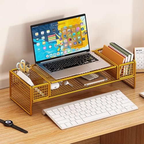 ZYFAB Metal Mesh Monitor Stand, 2 Tier Monitor Riser with Storage Multi Media Desktop Stand Desktop Computer Stand for PC Laptop Printe Desk Organizer,Gold