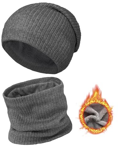 ehsbuy Wintermütze und Loop Schal Set Herren Warme Strickmützen Schlauchschal Warmer Gestrickter Kreis Schal mit Thermo Dicke Fleece Futter Geschenke für Herren Damen