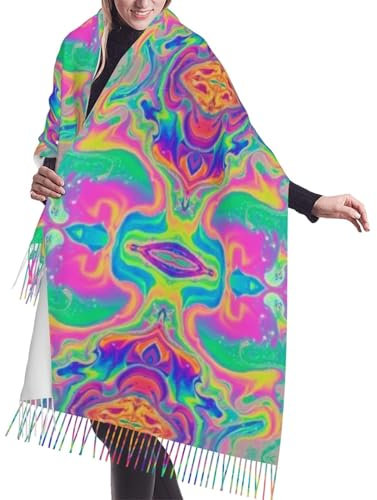 FUkker Damenschal, Damenschal, Schal aus Kaschmirimitat, warmer bedruckter Schal Neon Regenbogen Bunter Batik