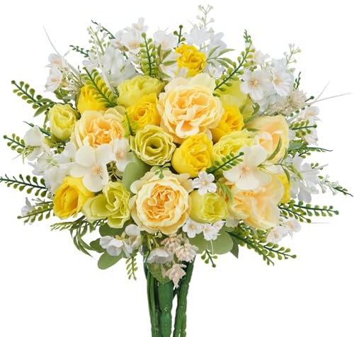 Zythrem Artificial Fake Peony Silk Artificail Peony Flowers Yellow Rose Mix Baby's Breath Bouquet Decor Hyacinth Flowers Faux Flowers for Wedding Decoration Table Centerpieces for Home Office Decor