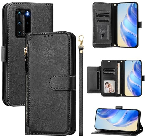 QiongniAN Compatible avec Huawei P40 Pro Coque,Compatible avec Huawei P40 Pro+ ELS-N39 ELS-AN10 / P40 Pro ELS-NX9 ELS-N04 ELS-AN0 Flip PU Cuir Zip Portefeuille Etui pour téléphone Portable Black