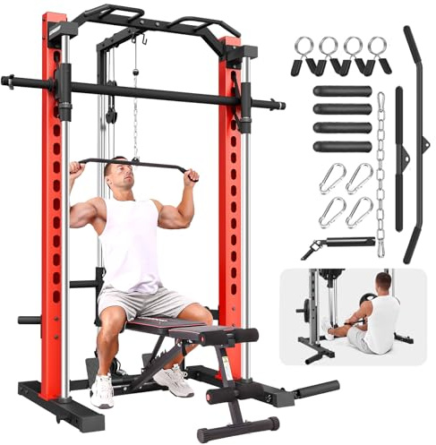 OPPSDECOR All-in-One Adjustable Smith Machine with LAT-Pull Down System Multi-Function Power Cage for Home Gym Cable Crossover Squat Rack of Workout Machine Training Equipment with Attachments