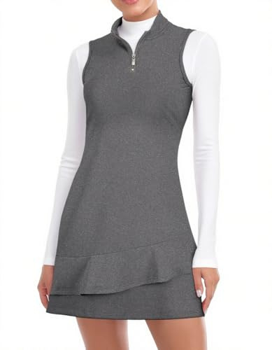 Viracy Tennis Dress for Women Sleeveless Golf Dresses with Shorts and Pockets Ruffle Zip Up Stand Collar Golf Outfits, Thickening-Dark Grey, S