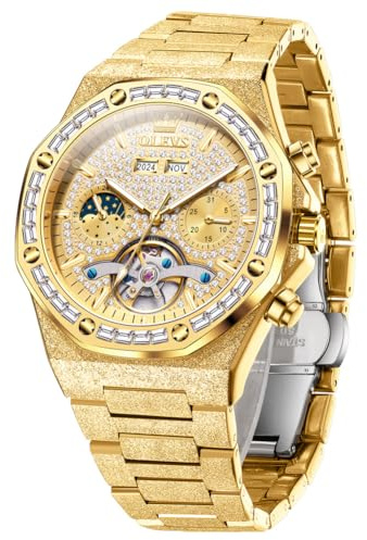 OLEVS Automatische Herren-Armbanduhr, selbstaufziehend, mechanisch, Diamanten, luxuriös, Edelstahl, wasserdicht, leuchtende Armbanduhr