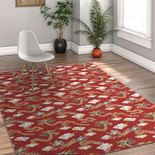 Via Vela Teppich im chinesischen Stil 120x180cm - Glückverheißender Drache und glücksverheißendes Wolkenmuster Maschinenwaschbarer Rutschfester dünner Teppich mit niedrigem Flor für den Flur