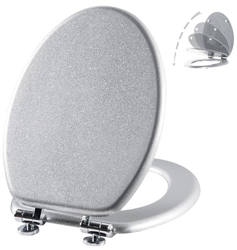 Angol Shiold Glitter Toilet Seat Molded Wood Elongated Toilet Seat with Quietly Close and Quick Release Hinges, Easy to Clean also Easy to Install (Elongated 18.5'', Silver)