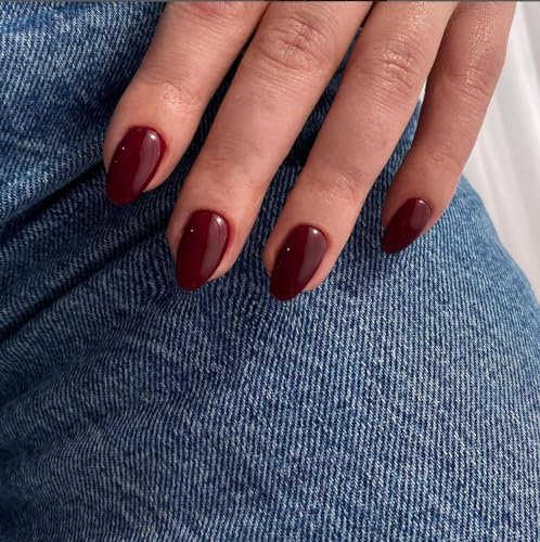 KQueenest Dark Red Press on Nails Short Oval, Short False Nails Almond, Glossy Solid Burgundy Round Fake Nails Set, Reusable Natural Gel Stick on Nail for Women Finger Daily Wear 24 Pcs