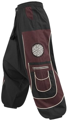 Kunst und Magie Flower of Life Hippie Haremshose Goahose Cargohose, Größe:XXL, Farbe:Schwarz/Braun