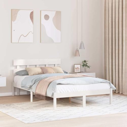 vidaXL Bettrahmen mit Kopfteil 120X200 cm Massivholz Kiefer für Schlafzimmer Minimalistisches Design Einfache Montage Kein Bettkasten erforderlich. Plattform Weiß Holz Erwachsenen Schlafen Einzelmöbel