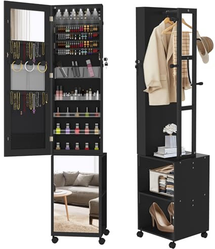 FIVMEN Schmuckschrank mit Spiegel Spiegelschrank Schminkschrank mit Rollen und 6 LEDs Abschließbar Schmuckaufbewahrung Make-Up Organizer 3 in 1 mit Ganzkörperspiegel Standspiegel, Schwarz