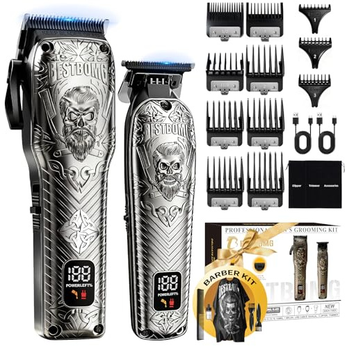 BESTBOMG Professionelle Schnurlose Herren Haarschneidemaschine & Bartschneider-Sets & -Kits, Metall Haarschneidemaschine Schneide-Pflege-Kit mit langer Akkulaufzeit für Familien-Barbier-Gebrauch (Grau