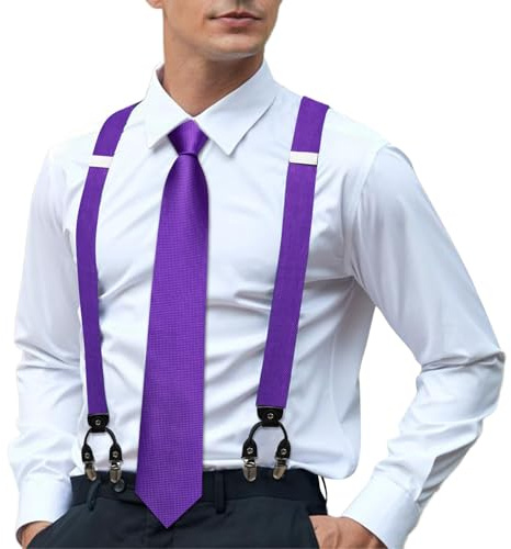 Hi-Tie Men's Suspenders and Tie Set Silk Adjustable Elastic Y Braces with Strong 6 Clips Pocket Square Set