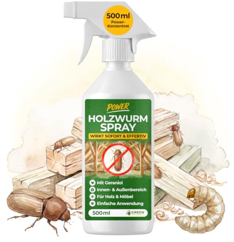GREEN GUARDIA Holzwurm Abwehrspray 500 ml - Sprühfertiges Konzentrat mit Langzeitwirkung gegen Holzbock & Holzwurm - Mittel gegen Holzwürmer für innen - Effektives Holzwurmmittel & Holzwurmschutz