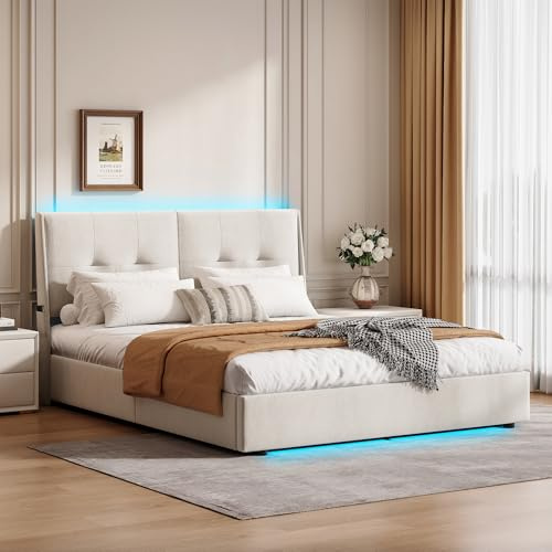 VixorLuilith Polsterbett 140x200 cm, LED-Doppelbett mit Unterbettraum und Lattenrost, verdickte Rückenlehne, Stauraumbett, Funktionsbett, pflegeleicht, Samt, ohne Matratze (Beige, 140x200cm)