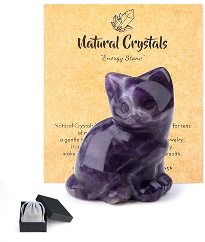QINJIEJIE Amethyst Crystal Cat Figurine Crystal Gifts for Women | Amethyst Good Luck Cat Themed Gift Cats Statue Home Office Desk Decor, Spiritual Gifts for Cats Lovers Men Christmas 1.5
