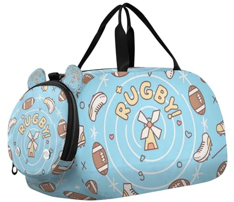 Sac de sport léger pour enfants avec compartiment à chaussures - Motif ballon de rugby - Bleu et marron