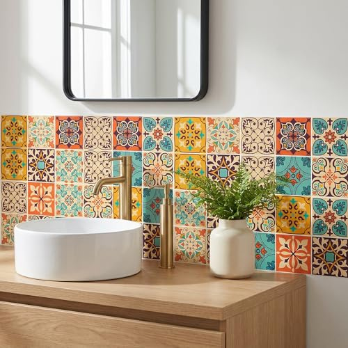 MEIHEA 16 Pack, 5.9 Inch Terracotta and Teal Tile Stickers, Bohemian Patchwork Peel and Stick Vinyl for Backsplash, Stairs & Furniture