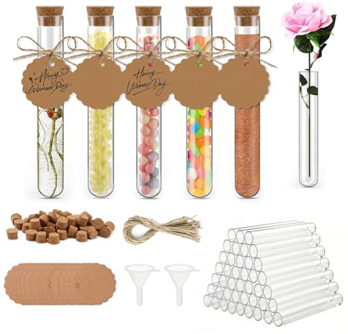 Zikenis 50 Stück Reagenzglas mit Korken, 100 x16 mm Kunststoff Reagenzgläser mit Korken, mit 50 Stück Kraftpapieranhänger+50 Stück Hanfseil+2 Trichter+50 Etiketten, für Liquids Bonbons Spices Deko