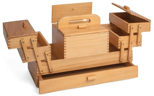 Hobby Gift Wooden Cantilever Sewing Crafting Hobby Storage Box, GB9590, 3 Tier with Drawer, 23 x 45 x 27.4cm