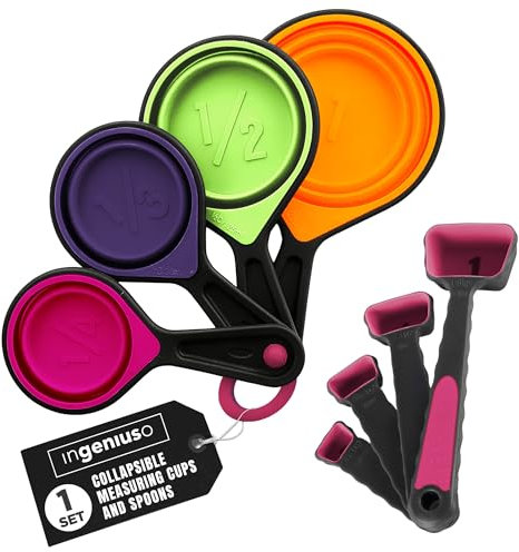 Collapsible Measuring Cups and Nesting Spoons - Adjustable Silicone for Cooking, used for Liquid and Dry Kitchen Items - Portable Portion Control, Dog Food, Kids, Travel, Camper, Space-Saving - 1 Set