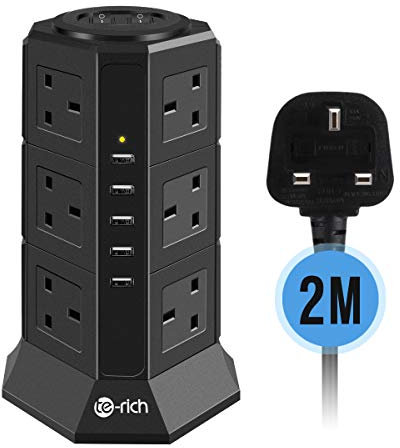 Tower Extension Lead, Te-Rich 12 Gang Surge Protector Multi Plug Power Strip Electric Charging Station with 5 Smart USB Charger, 2500W/10A, Separate Switches, 2M Cable for Home and Office