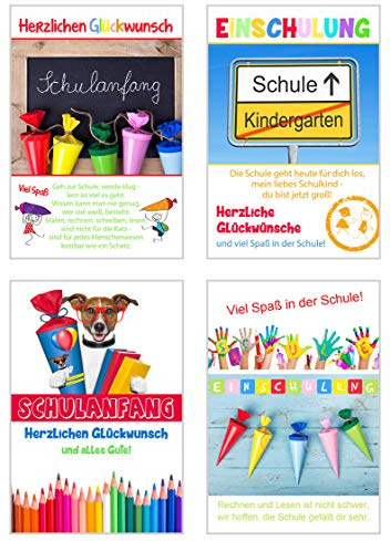 Edition Seidel Set 4 exklusive Karten zur Einschulung mit Umschlag. Glückwunschkarte Grusskarte Einschulungskarte Doppelkarte Schulanfang Schuleinführung Schulstart 1. Klasse Spruch (Foto, 4 Karten)