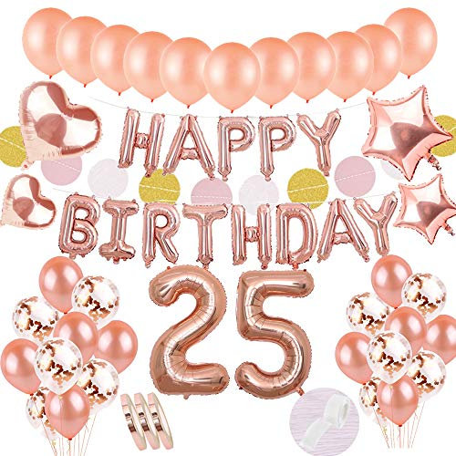 54Stück 25. Geburtstagsdeko Rosegold Set:Helium Folienballons Happy Birthday Banner &Ballons Zahl 25&20 Latex Ballons &10 Konfetti Luftballon &4Stern Herz Ballon für Mädchen Tochter Geburtstag Party