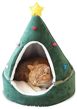 Monba Katzenhöhlenbett mit weihnachtlichem Motiv, bequemes Katzennesthaus, weiches warmes Haustierbett, Baumform, halbgeschlossenes Katzenhaus mit grünem Stern, Größe M: 43 x 43 x 50 cm