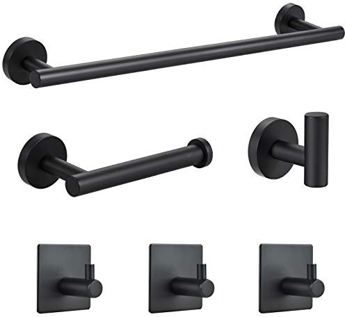 YGIVO Badezimmer-Hardware-Set, 6-teilig, mattschwarz, SUS304, Badezimmer-Zubehör, inklusive 40.6 cm verlängerter Handtuchstange, Toilettenpapierhalter und 3 Klebehaken, Edelstahl-Handtuch-Set