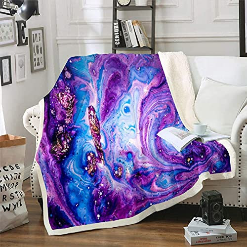 Homemissing Glitzer Marmor Kuscheldecke Lila Marmor Bedruckte Decke 130x150cm für Kinder Jungen Mädchen Abstrakte Kunst Flanell Fleecedecke Boho Psychedelische Wohndecke für Schlafsofa Couch
