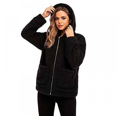 YYW Women's Coat Casual Faux Fur Jacket Shaggy Oversized Shearling Winter Coat for Women Long Sleeve Zipper Teddy Outwear (Black,Xl)