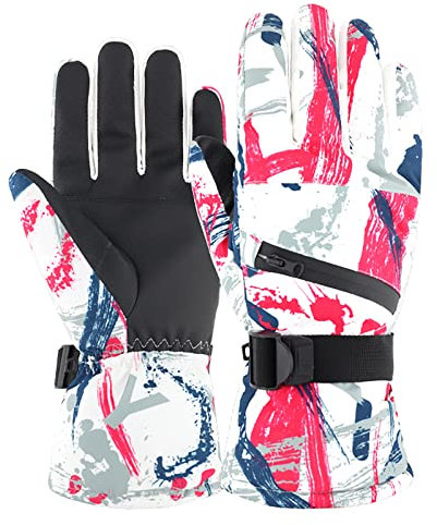 Ski Gloves -30°F Waterproof Touch Screen Snowboard Gloves for Men Women, Warm Winter Gloves for Cold Weather (Red Graffiti, X-Large)